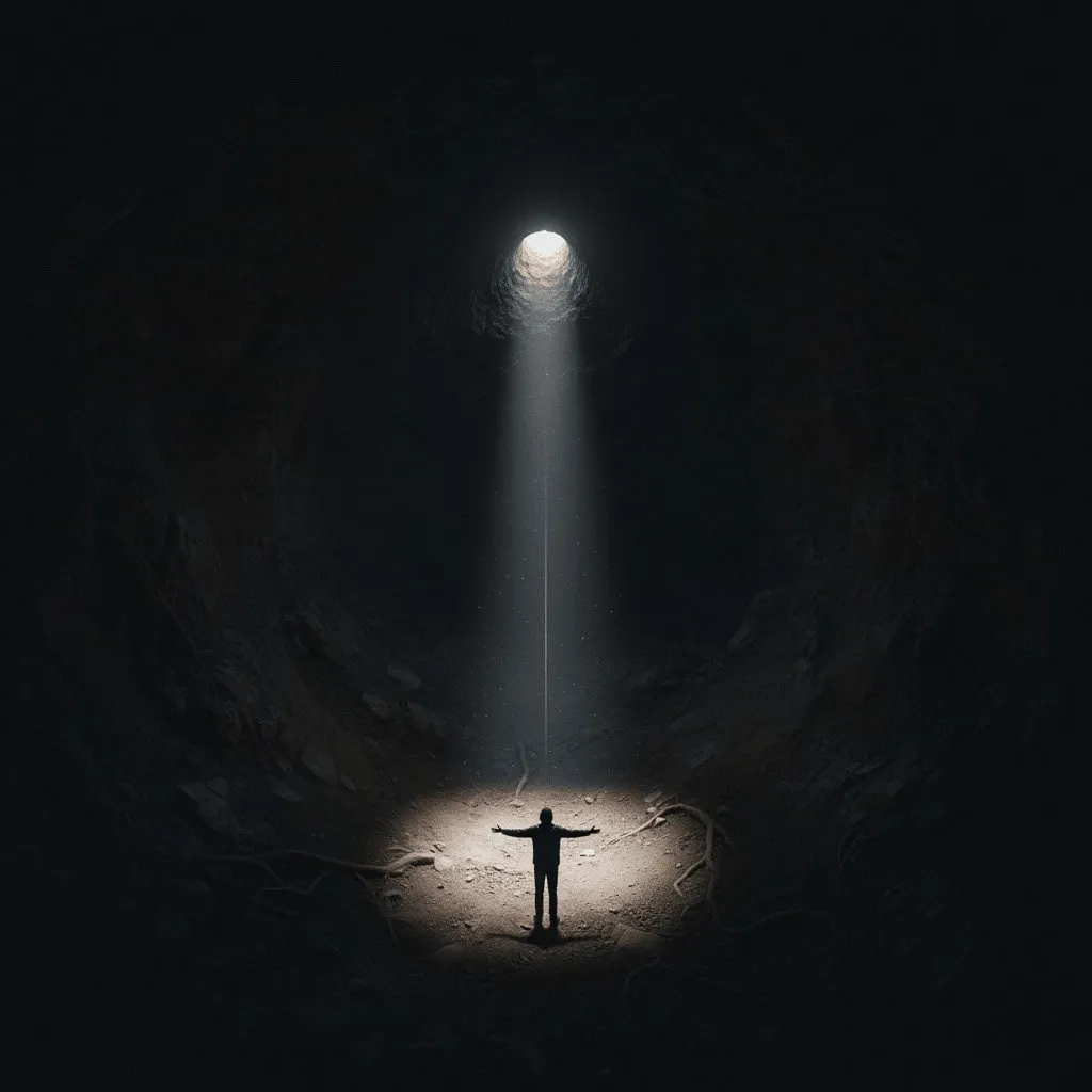 A person standing in a deep hole looking up at a tiny circle of light far above