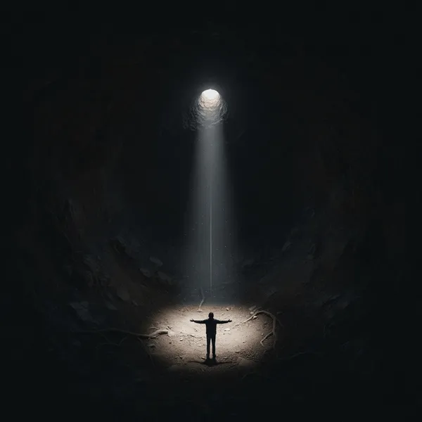 A person standing in a deep hole looking up at a tiny circle of light far above