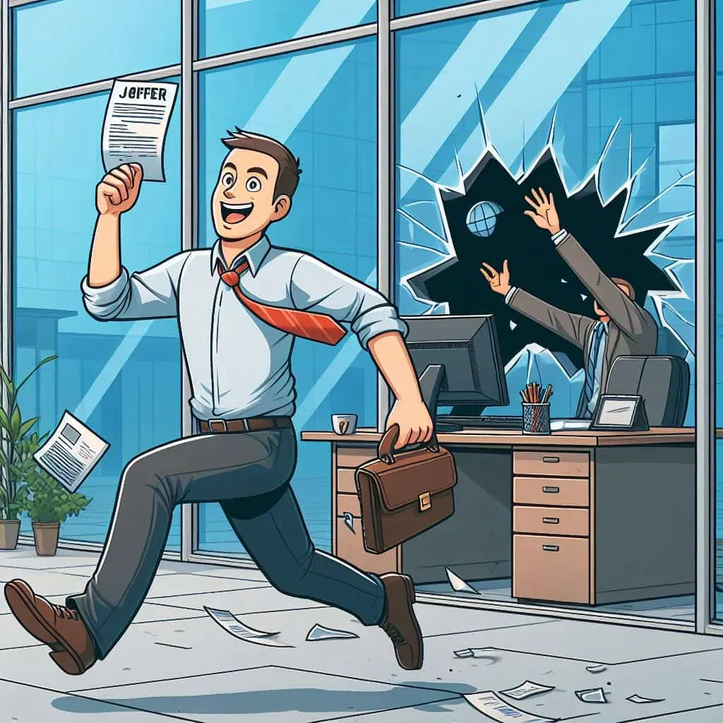 A man running from his office job with a job offer letter in his hand