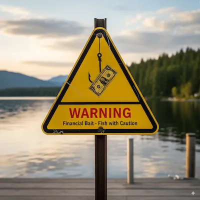 A warning sign with a fishing hook and dollar bill as bait