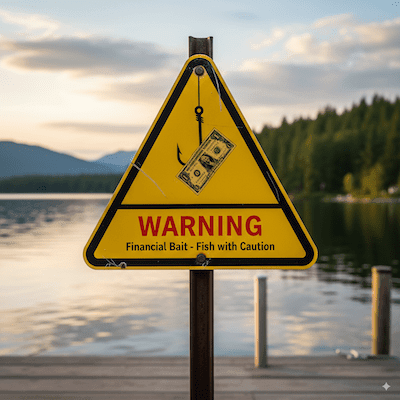 A warning sign with a fishing hook and dollar bill as bait