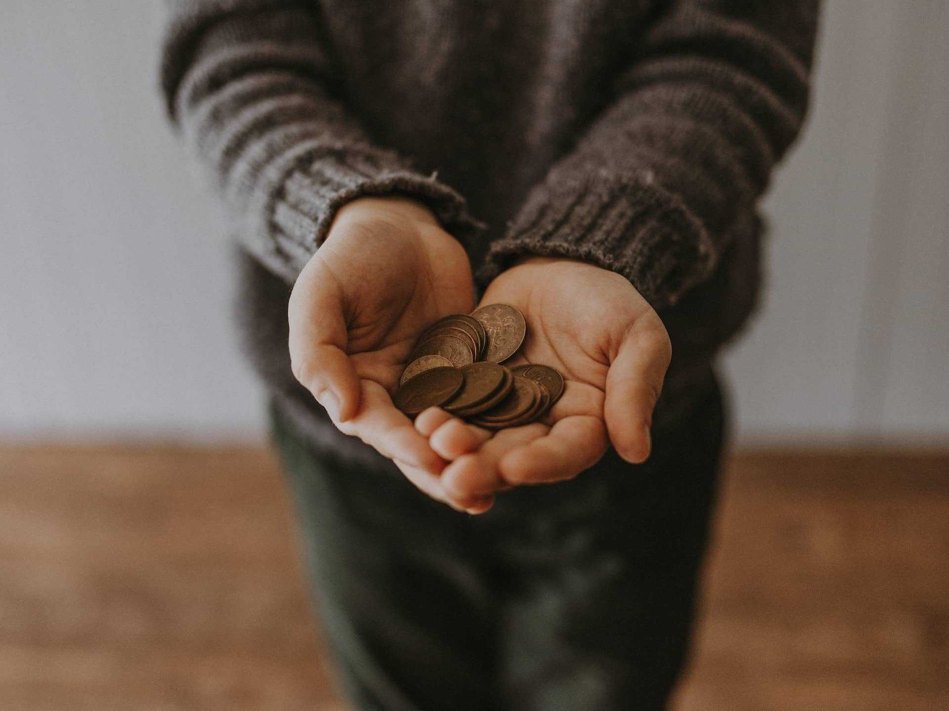 A person holding a bunch of change in their hands