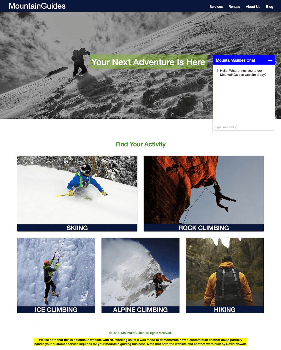 Mountain Guiding demo website with AI chatbot