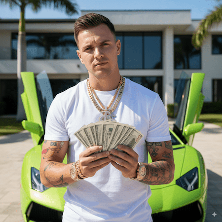 A flashy trading guru with chains, money and his lambo