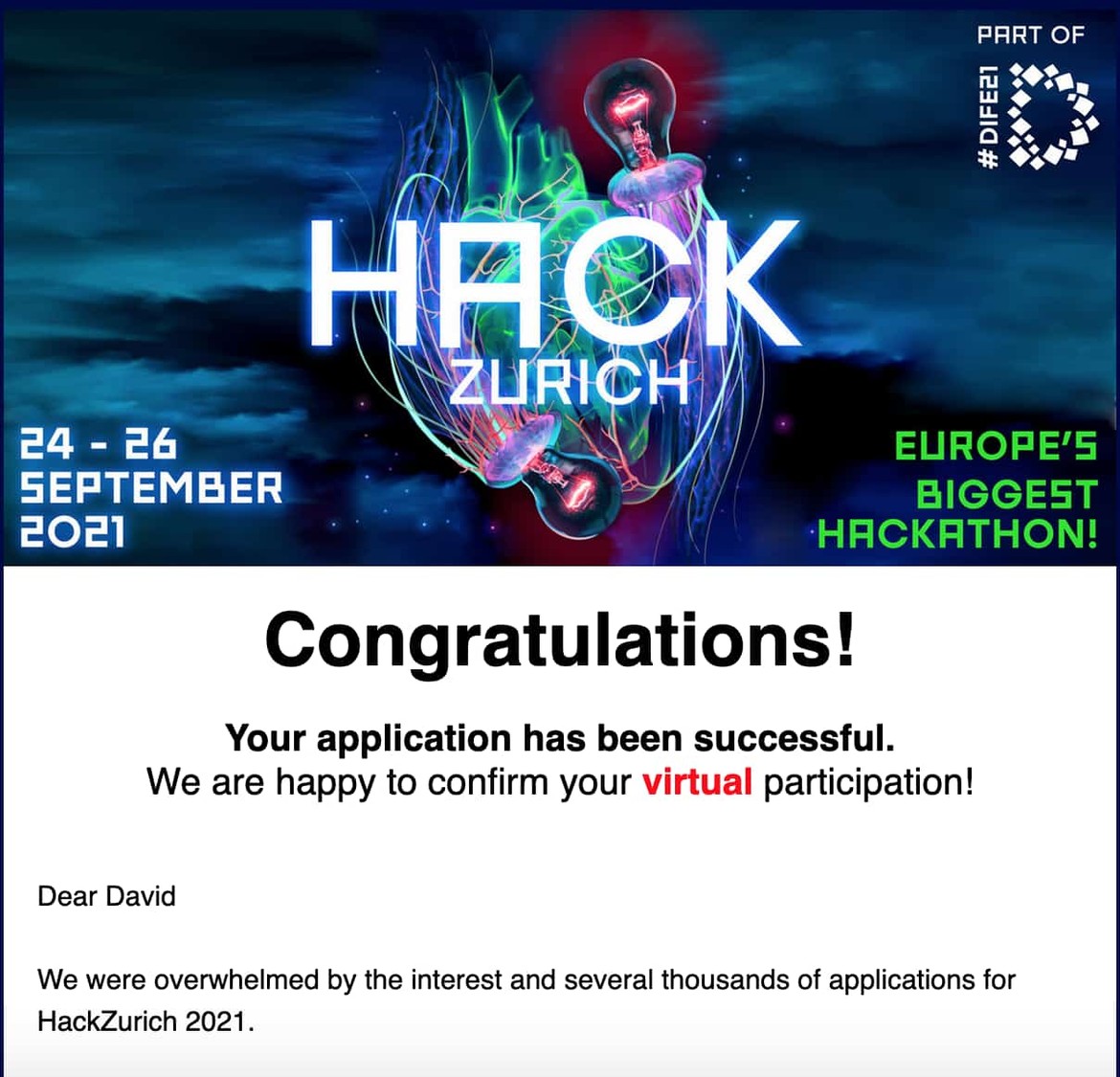 Screenshot of my acceptance letter into HackZurich 2021