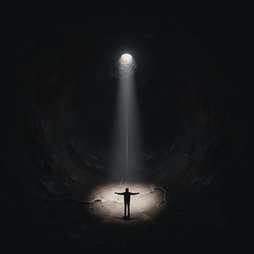 A person standing in a deep hole looking up at a tiny circle of light far above